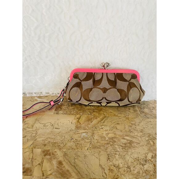 Vtg Coach Y2K jewel kisslock khaki signature snake skin clutch/wristlet pink bag - Picture 2 of 10